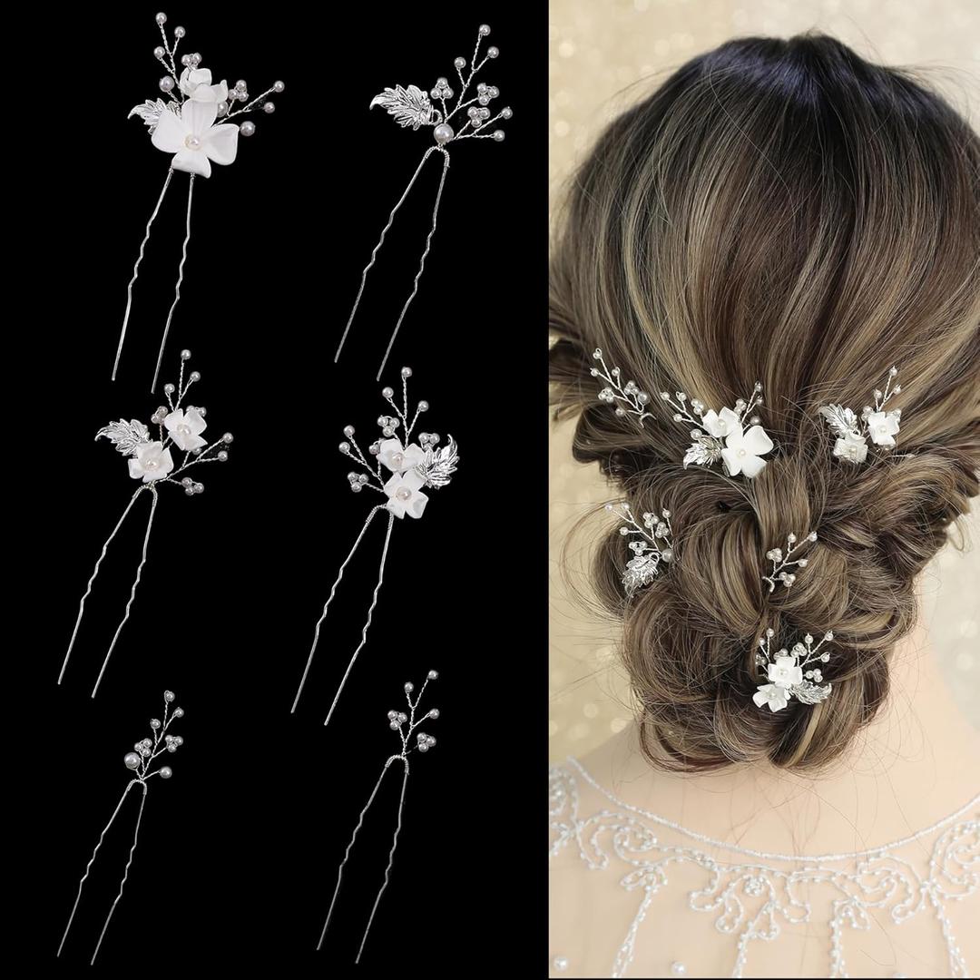 Handmade Pearl Bridal Wedding Hair Pins 6Pcs White Flower Gold Leaf Pearls Clips Bridal Hair Accessories for Women Brides Bridesmaid