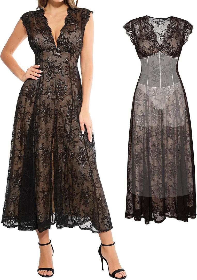 Popilush Women's Lace Formal Cocktail Sleeveless V Neck Maxi Shapewear Dress Wedding Guest Mother of Bride Split Dresses XXL