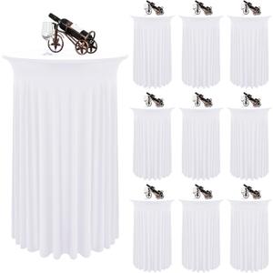 10 Packs Round Cocktail Table Skirt 32"x 43" Spandex Stretch Cocktail Tablecloth with Wavy Drapes, White Spandex Fitted High Top Table Covers for Wedding Bar Party Birthday Banquet Table
