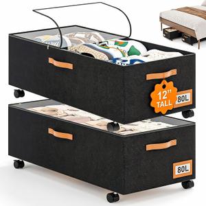 Under Bed Storage with Wheels, 12" Height Under Bed Storage Extra Deep Under Bed Storage Containers, Perfect for 14'' Bed Frame, No Assemble Metal Rolling Underbed Storage for Clothes Shoes Blankets (Extra-Tall Design)