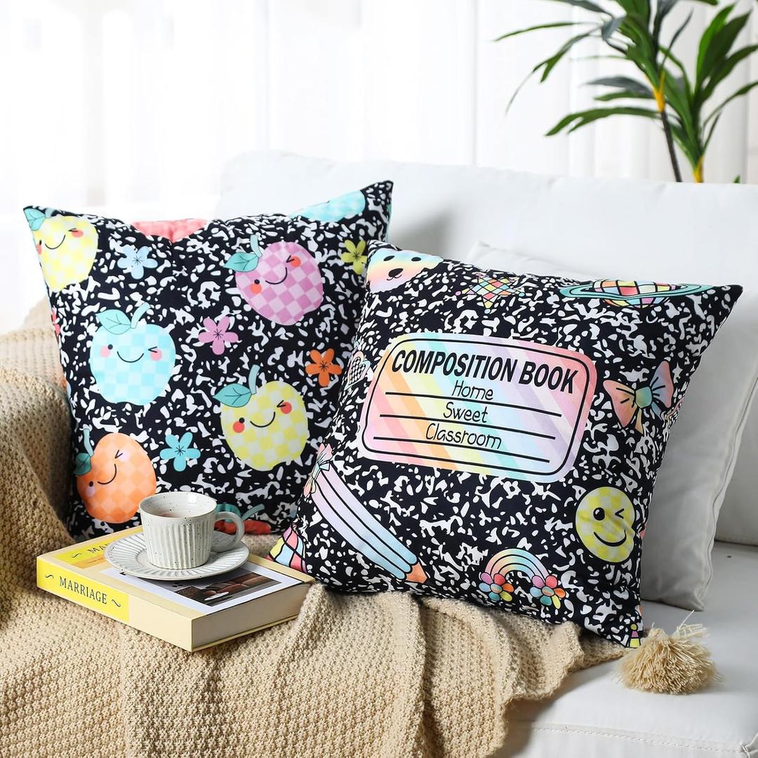 Hillsuren 2 Pcs Composition Notebook Throw Pillow Covers 18'' x 18'' Pastel Checkerboard Classroom Decor Back to School Pillow Cases Pencil Rainbow Pillowcases for Couch Bedroom Living Room