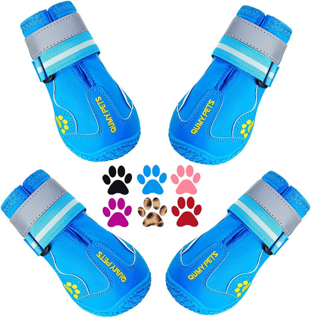 QUMY Dog Shoes for Large Dogs, Medium Dog Boots & Paw Protectors for Winter Snowy Day, Summer Hot Pavement, Water-Resistant in Rainy Weather, Outdoor Walking, Indoor Hardfloors Skid-Resistant Sole (Size 7: 2.8''x3.2" W*L) (Pack of 4)