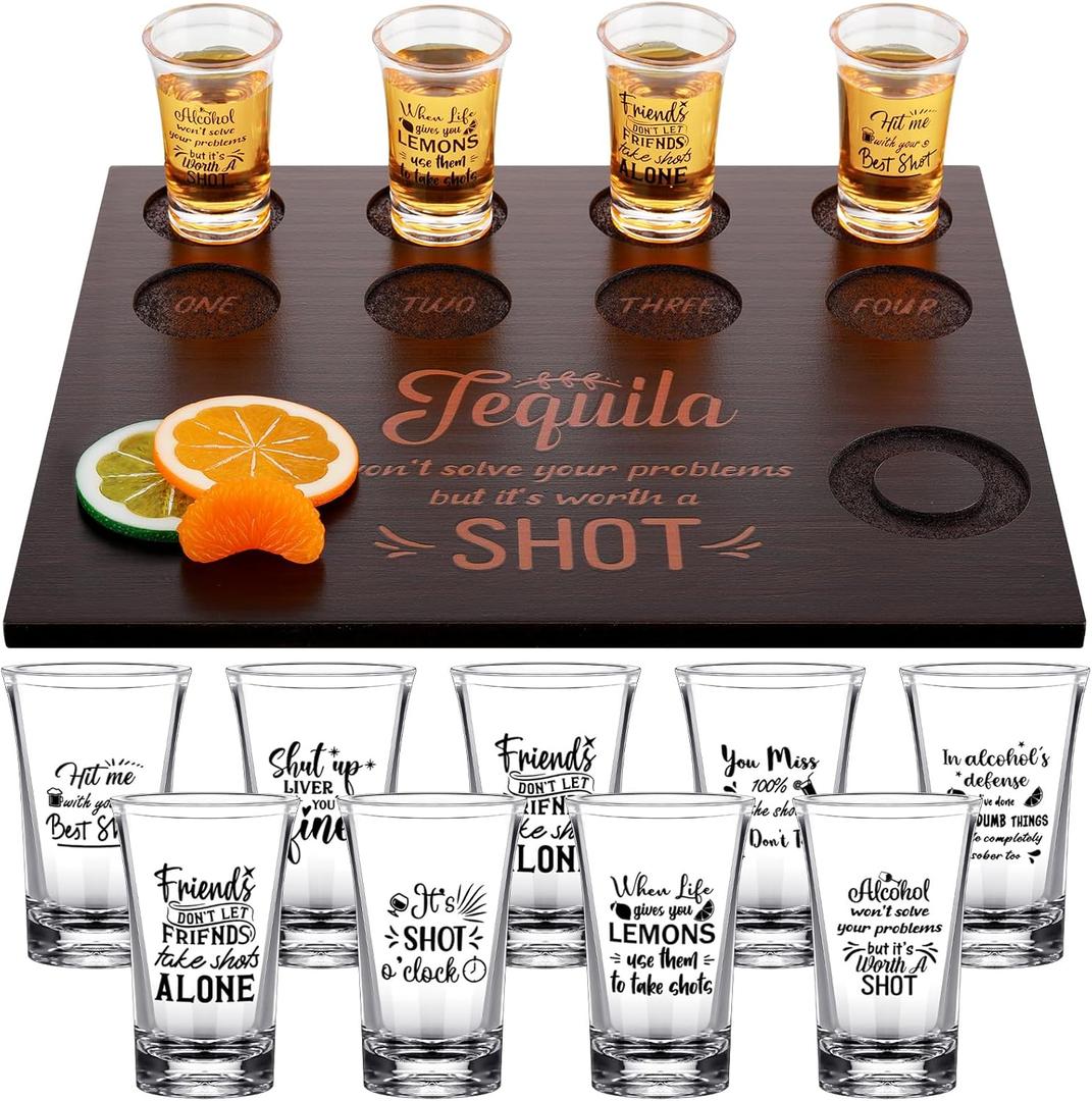 Suclain Shot Glasses Set with 16 Pcs 1oz/30 ml Clear Plastic Glasses Whiskey Glass Cups Shot Glass Tray Holder Organizer for Liqueurs Party Club Home Bar Drinking