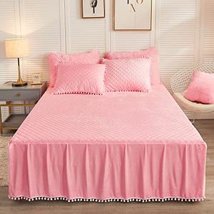 LIFEREVO Luxury Pom Poms Velvet Bed Skirt, Velvet Wrap Around Bed Skirt, Diamond Quilted Fitted Bed Sheet with Bedskirt, 18 Inch Drop Dust Ruffle Decorative Bedspread Pompoms Fringe(Full/Queen, Pink)