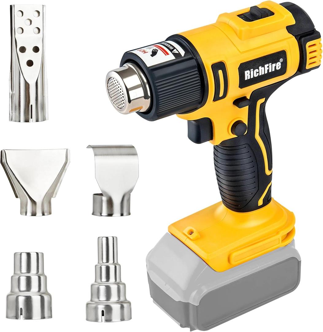 Cordless Heat Gun,350W 572℉-1022℉(300℃-550℃) Fast Heating,Hot Air Gun for DEWALT 20v Battery,5 Nozzles for Tube Bending, Shrinking PVC, Stripping Paint(Tool Only No Battery)