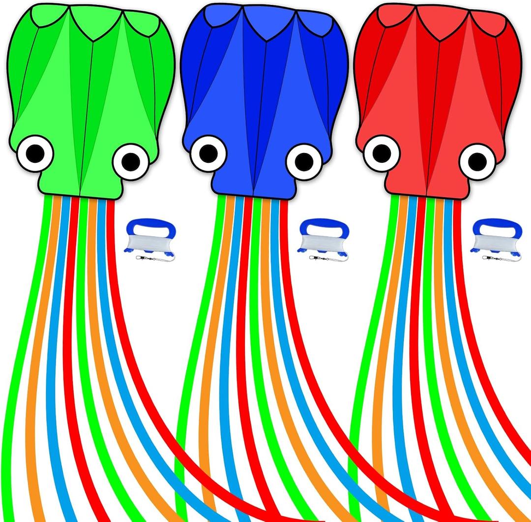 SGftre 3 Piece Set Octopus Kites for Kids and Adults，Easy to Fly for Outdoor Adults Children Line Kite for Kids Toy (Octopus red Blue Green 3-piece Set, 3)