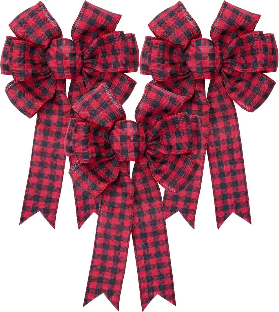 Iceyyyy Large Fall Thanksgiving Christmas Plaid Wreath Bow - 16x10 Inch Black and Red Buffalo Plaid Check Swag Bow Christmas Tree Topper Bow for Home Indoor Outdoor Ornaments (Black & Red-3 Pcs)