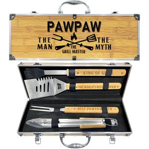 Paw Paw Gifts, Fathers Day Pawpaw Gifts from Grandkids Heavy Duty Wooden BBQ Grilling Accessories Kit for Backyard, Thick Stainless Steel Grill Utensils with Non-Slip Handle Tools in Portable Bag