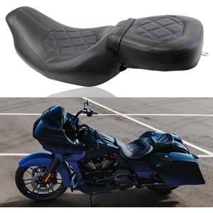 Low-Profile Leather Seat Pillion Passenger Rider Seat Set Compatible with Harley Touring Road King Street Glide Road Glide Electra Glide CVO 2009-2023 (Blue stitching)
