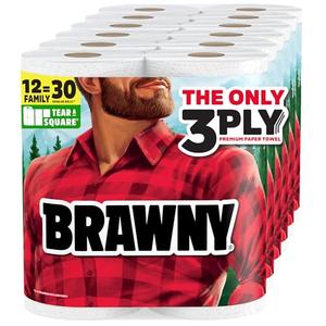 Brawny Tear-A-Square 3-Ply Paper Towels, 12 XL Family = 30 Regular Rolls, Strong, Absorbent, and Durable with 3 Sheet Sizes (Quarter, Half, Full)