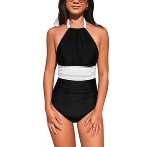 CUPSHE Women's Tankini Sets Halter Neck Self Tie Two Piece Swimsuit Adjustable Strappy Color Block Ruched Swimwear Size M