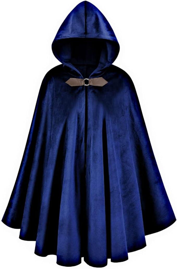 Medieval Cloak with Hood for Women's Men's, Vintage Velvet Renaissance Cape Adults Halloween Christmas Party Outfits (39''/100cm, Blue)