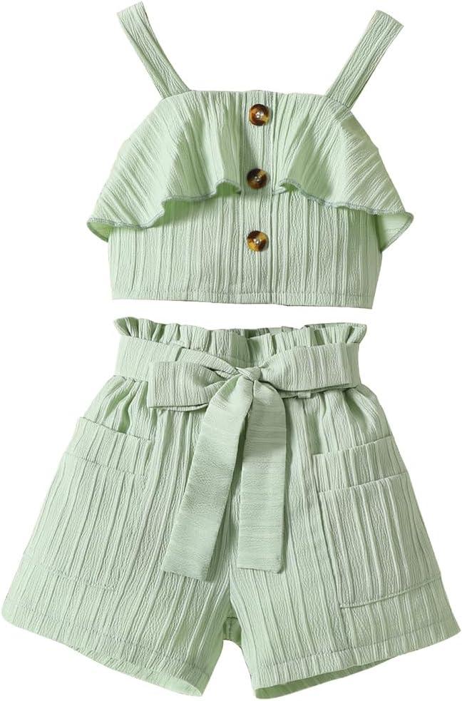 AMMENGBEI Toddler Little Girl Clothes Sleeveless Ruffle Trim Halter Top and Shorts Sets Kids 2Pcs Summer Outfits (5-6 Years, Green)