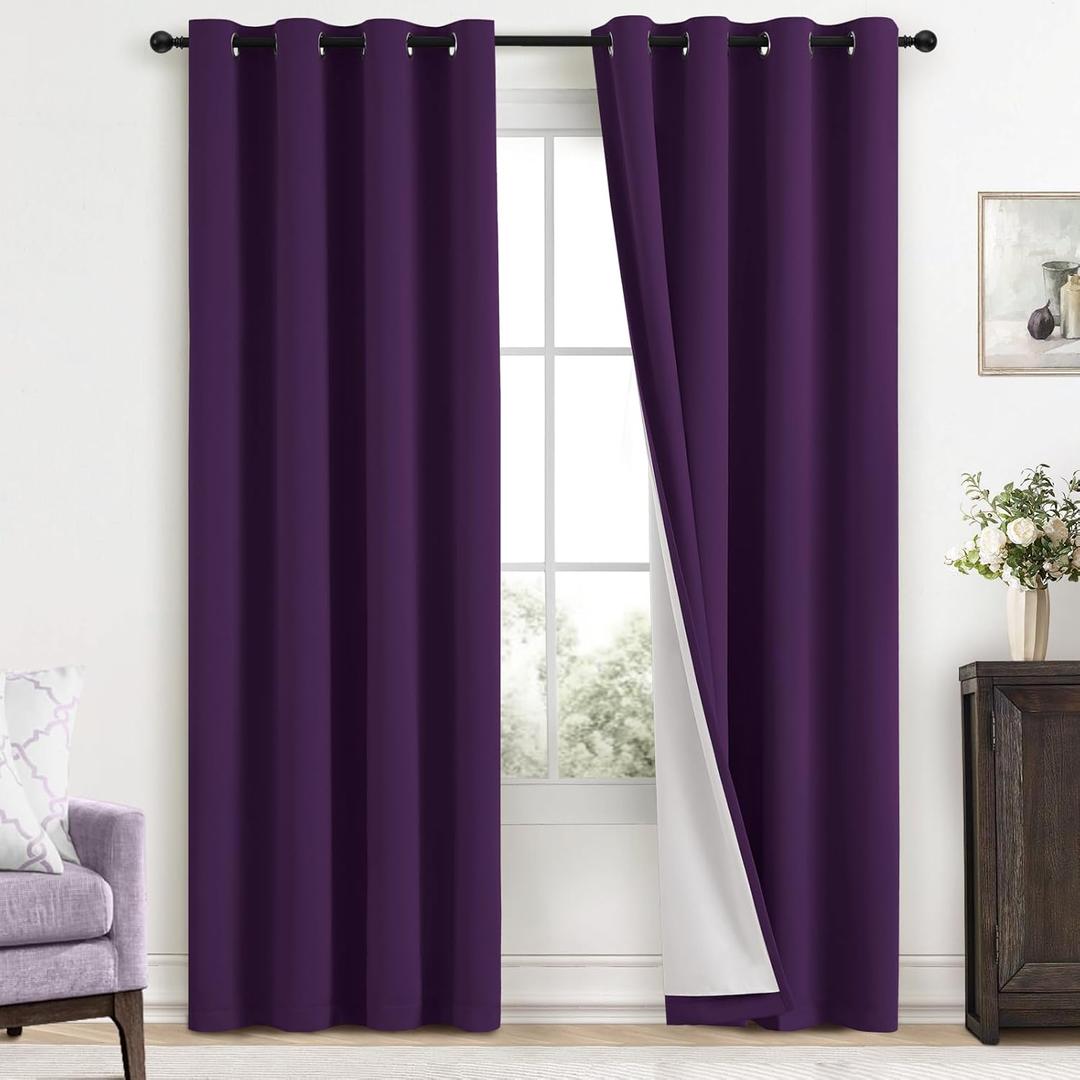 Yakamok Room Darkening 100% Blackout Curtains Grommet Window Treatments with 2 Thick Layers-Purple Thermal Insulated Drapes Set of 2 Panels for Bedroom Living Room 52 Inches by 84 Inches Length, Purple With Black Liner