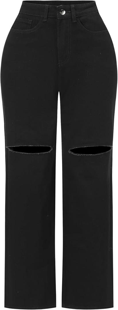 THUNDER STAR Womens High Waisted Wide Leg Jeans Stretchy Distressed Denim Pants, Black, Medium