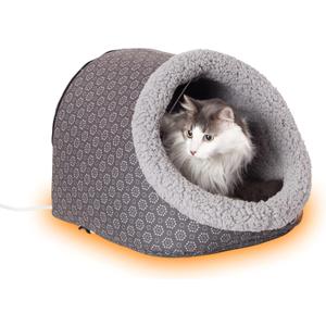 K&H Pet Products Heated Cat Bed - Thermo-Pet Cave for Large Cats, Indoor Heated Pet Bed for Dogs & Cats, Covered Cave Pet Tent, Collapsible, Machine Washable, Safety Listed - 17 X 15 X 13in (Gray/Geo Flower)