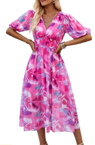 Womens Floral Flowy Wrap V Neck Midi Dress Short Sleeve Elastic Waist Casual Spring Summer Dresses for Women 2025