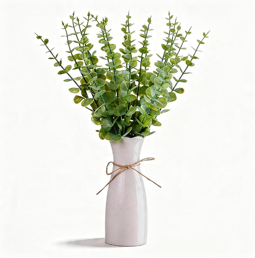Artificial Eucalyptus Stems with White Vase,19 Inch Small Fake Plants Indoor,Faux Greenery Plant for Farmhouse Home Decor,Bathroom Living Room Kitchen Office Shelf Coffee Table Centerpiece