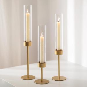 Glass Hurricane Candlestick Holders Gold - Romadedi Taper Candle Holder Tall Clear Glass Cylinder Table Centerpiece Wedding Decor Party Birthday Christmas Home Decorations Set of 3 (3 PCS)