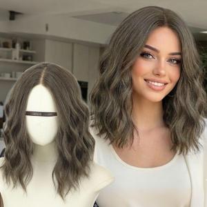 AISI HAIR Smoky Taupe Brown Wigs for Women - Shoulder Length Wave Wig with Pre-Cut Lace Hairline, Middle Part Natural Wavy Bob Synthetic Heat Resistant Fiber for Daily and Party