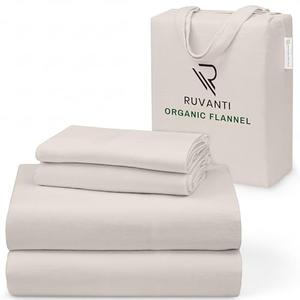 RUVANTI Flannel Sheets Queen Size - GOTS Certified 100% Organic Cotton, 4 Piece Warm, Soft & Breathable Set, Deep Pocket Snug Fit, Double Brushed Cozy All Season Bedding, Natural