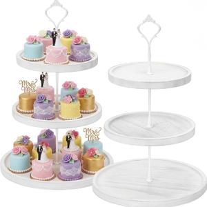 Lallisa 2 Pack 3 Tier Cupcake Stand, Wooden White Rustic Tiered Treat Stand for Wedding, Round Dessert Display Table Serving Tray, Cake Tower Holder for Bridal Baby Shower Birthday Party Farmhouse