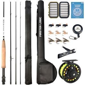 Fly Fishing Rod and Reel Combo Starter Kit, Graphite Fly Rod with Cork Handle, Die Cast Aluminum Reel, Fly Box Case & Fishing Flies and Carrying Case and Accessories, 3/4wt - 7' - 4 pc