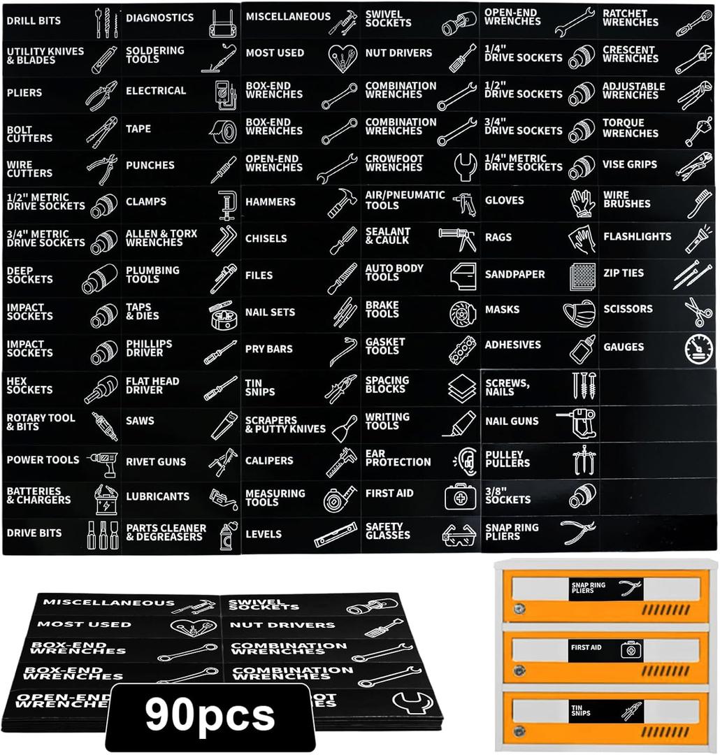 90 PCS Magnetic Toolbox Labels – 3.5"x1" Large Tool Box Stickers,Strong Magnets for Tools Chest Drawer Organization – Fits U.S. General Tool Box Accessories & All Steel Tools Cabinets