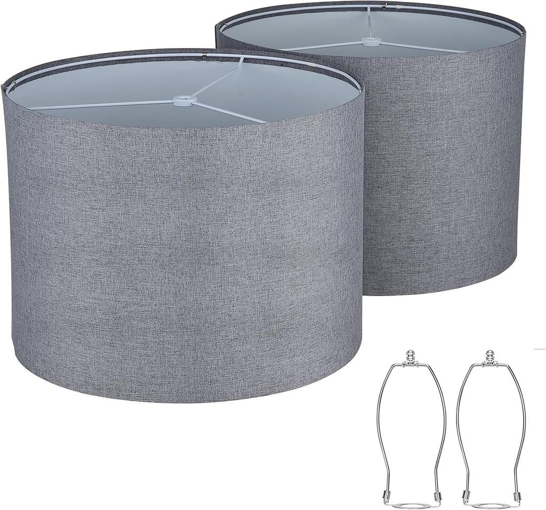 Ruiever Drum Lampshades Set of 2, Natural Linen Lampshade 13" x 13" x 10" High, Easy Assembly Replacement Fabric Lampshades for Table Lamps Floor Lamps, Gary Color, Half and Spider Fitter Included