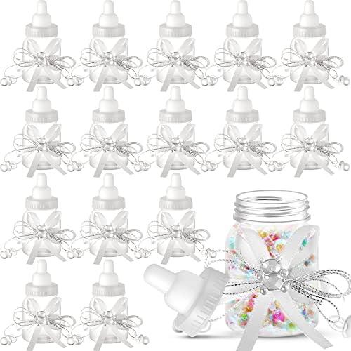 Nuenen 48 Pcs Baby Shower Milk Bottles with Ribbon Plastic Bear Candy Bottles Baby Shower Favors Gender Reveal Wedding Birthday Party Decorations(White)