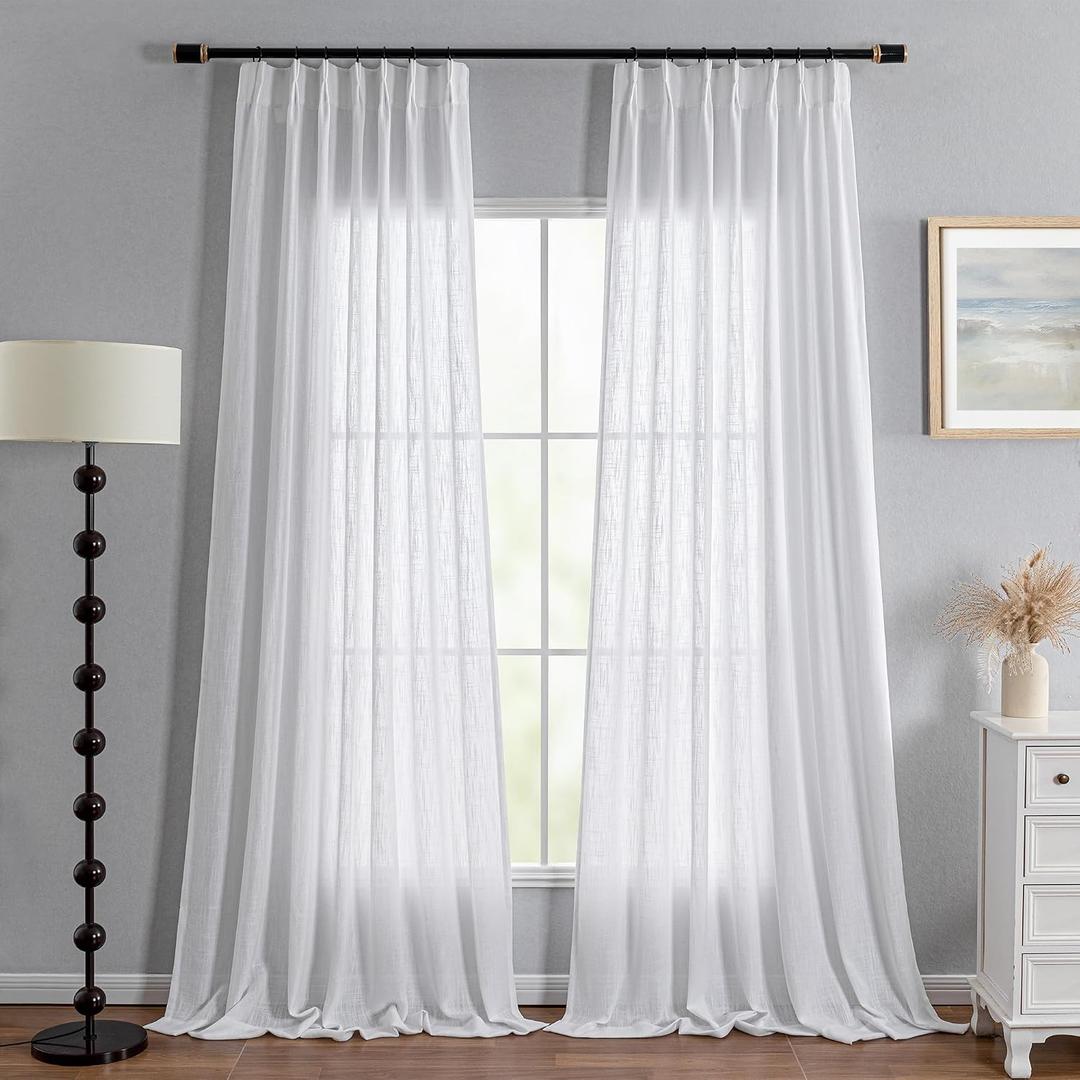 MYSKY HOME Floor to Ceiling Curtains 108 Inches White Sheer Window Drapes 2 Panel Sets Pinch Pleated Draperies Linen Look Boho Fabric, Soft Cotton Blend Light Filtering for Living Room, 40W x 108L