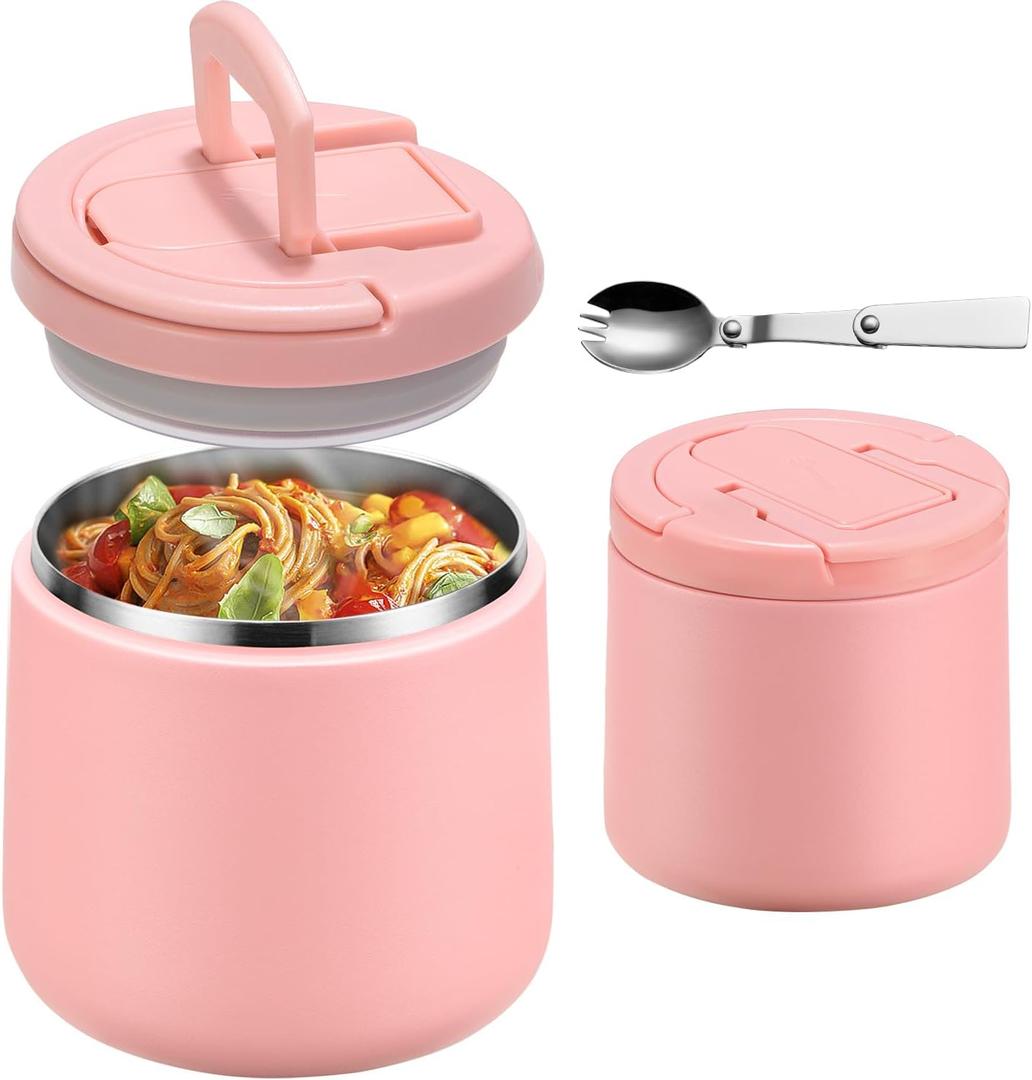 20oz Insulated Vacuum Food Jar with Buckle Lid,Soup Thermo for Hot Food Kids,Wide Mouth Leakproof Stainless Steel Lunch Container with Spoon-Pink