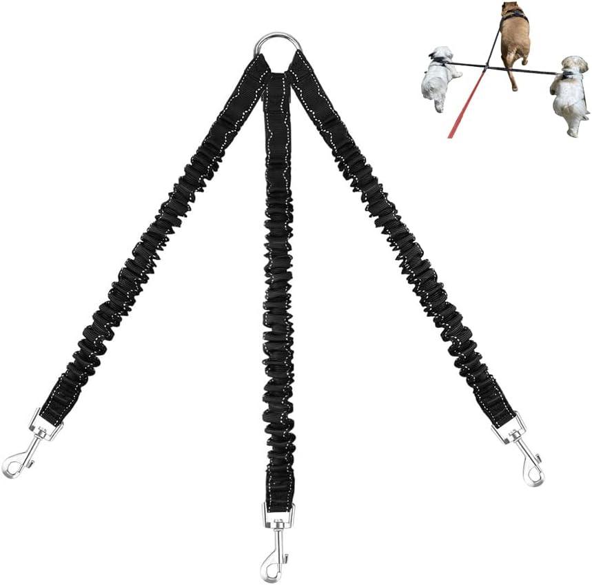3 Way Dog Leash Coupler Heavy Duty No Pull Multiple Double Tangle Free Trio Nylon Bungee Cord Stretchy Sturdy Pups Lead for Small Medium Dogs Training Walking Doggy Puppy