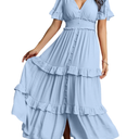 Amegoya Women's V Neck Long Sleeve Boho Maxi Dress Summer Wedding Guest Long Flowy Engagement Dresses M