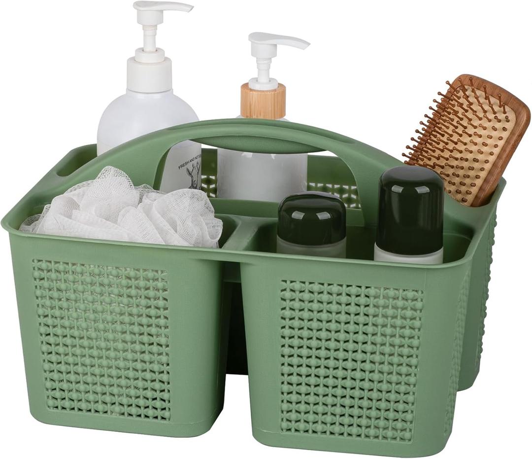 UUJOLY Plastic Portable Shower Caddy Basket Bucket, Cleaning Shower Basket with Handle Compartments Storage Basket Organizer for Bathroom Kitchen College Dorm Sink, Green