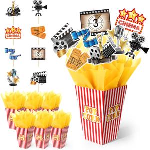 LemonRoad 6 Sets 74 Pcs Movie Night Party Centerpieces Movie Night Theme Decorations Ticket and Star Table Toppers with Popcorn Box Theater Cutouts and Sticks for Theater Party Birthday Decor