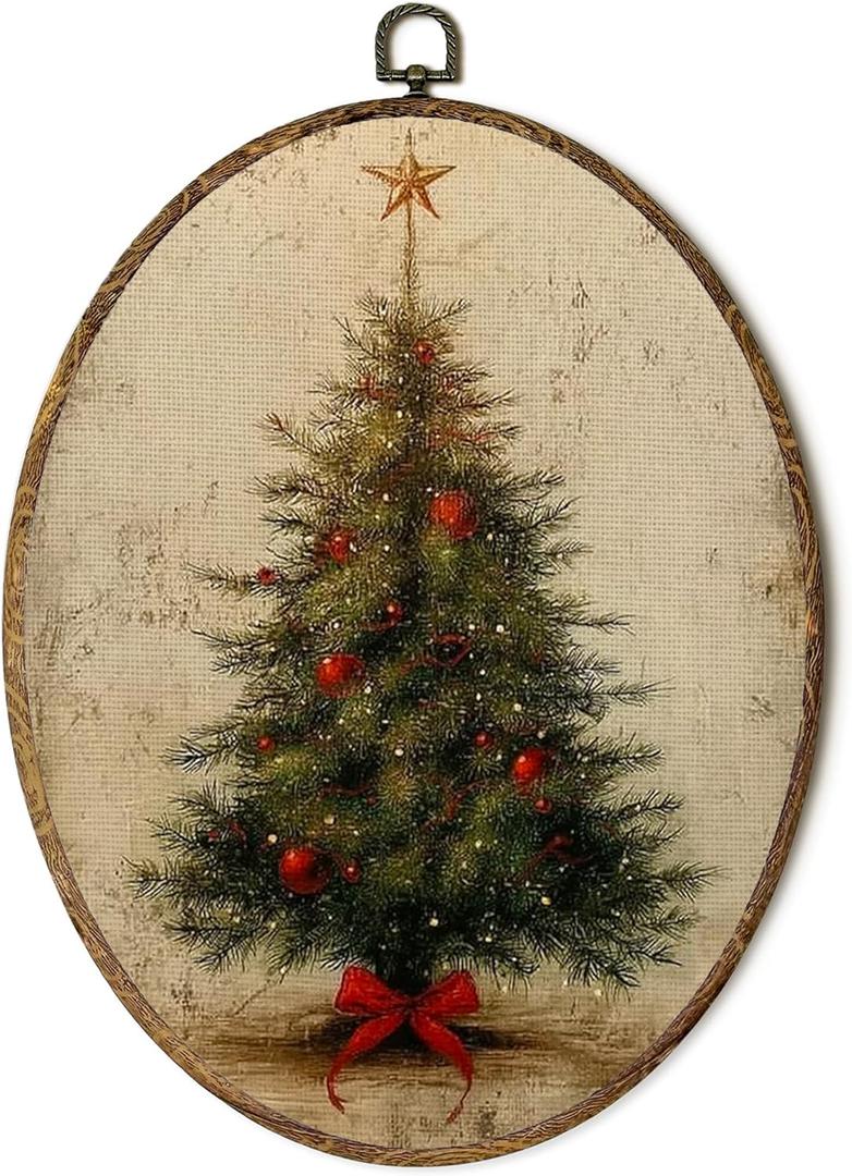 Lengues Christmas Tree Winter Oval Wall Art Decor, Christmas Gifts Oval Wall Decor, Vintage Winter Canvas Framed Art Prints, Holiday Xmas Tree Red Bow Star Hanging Frame for Home Room 8.5x11.5 Inch (color-3)