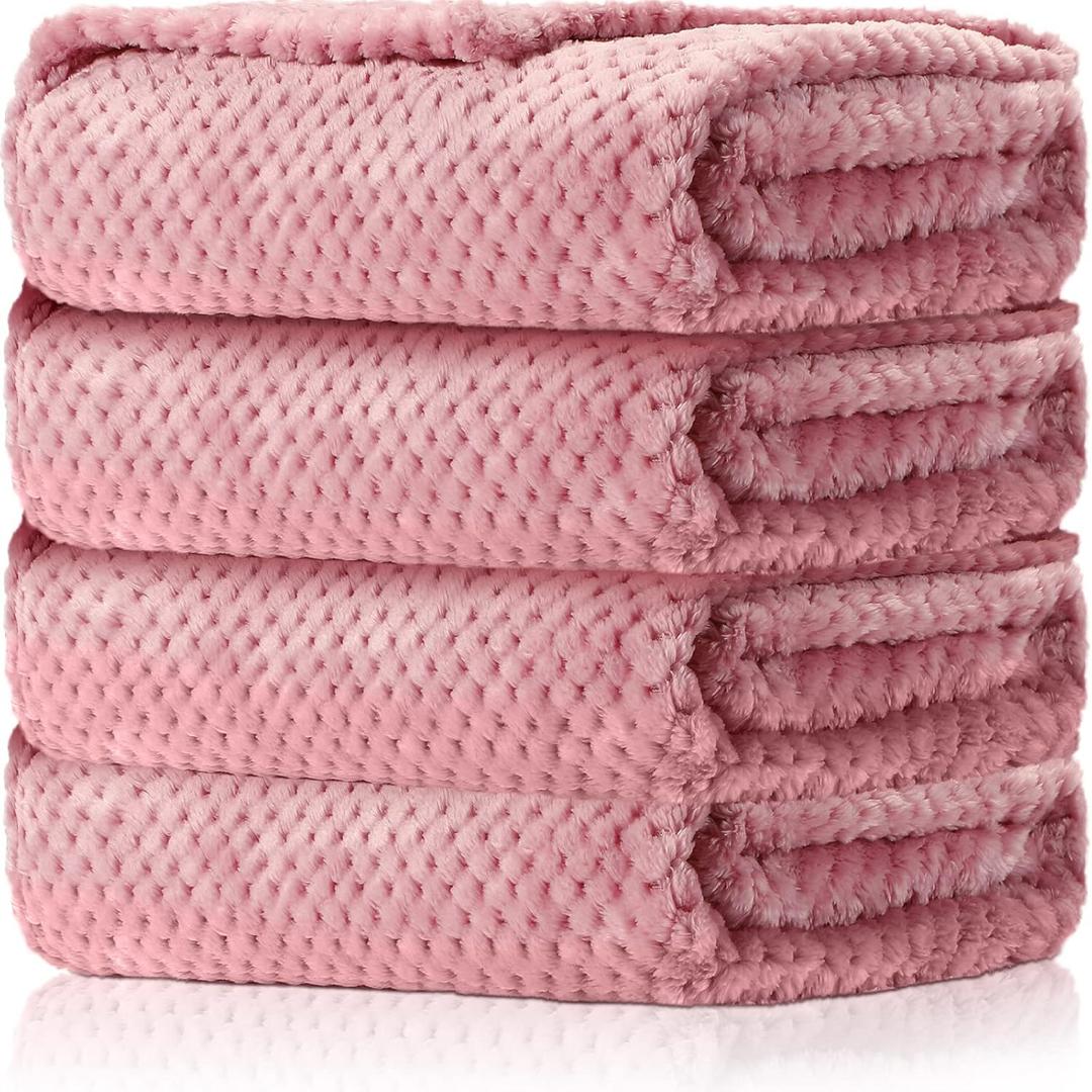 Reginary 4 Pack Fuzzy Blanket 30 x 40'' Waffle Flannel Baby Throw Blankets Warm Nursery & Crib Blankets for Girl & Boy Newborn Infant(Pink)