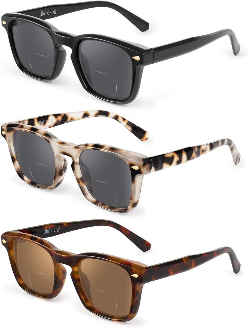 JM Bifocal Reading Glasses For Women Men, Classic Square Reading Sunglasses UV Protection (3 Packs Mix Color)