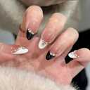 MERVF Almond Medium Press on Nails - White Black French Tip Fake Acrylic Nails, Rhinestones Design Wedding Glossy Finish 24pcs