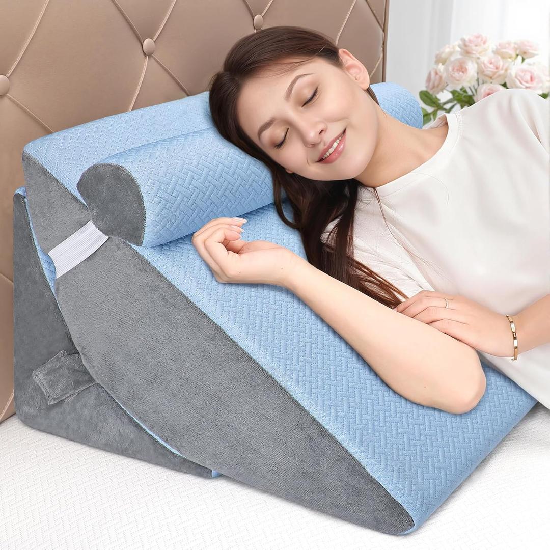 Bed Wedge Pillow for Sleeping, 3PCS Wedge Pillow Set for After Surgery, Adjustable 7 &12 inch Pillow Wedges for Acid Reflux Relief, Back Pain Relief, Sleep Apnea, Sitting Up, Headboard(Blue/Grey)
