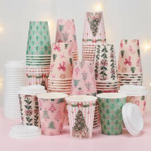 Gerrii 100 Set Christmas Paper Cups Disposable 12 oz with Lids Hot Chocolate Coffee Cups for Hot and Cold Drinks Tea Water Bar Supplies Holiday Winter Season (Pink Bow)
