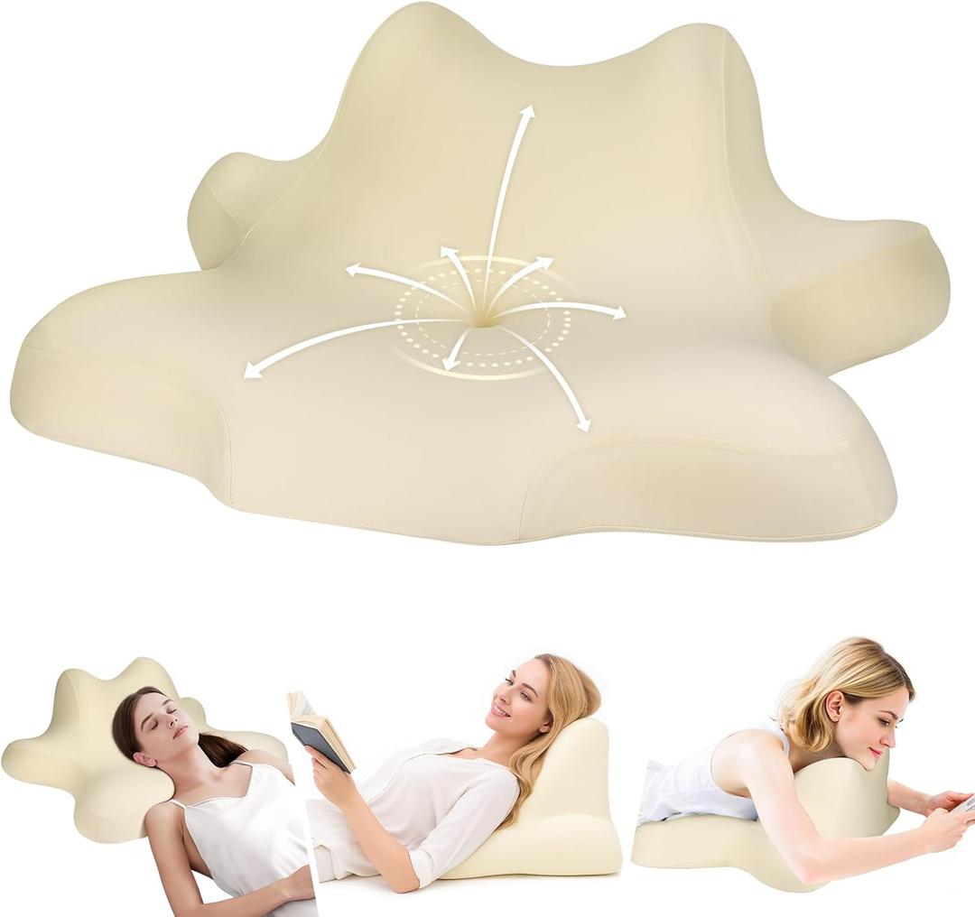 Reading Pillow for Lying, Leaning and Prone, Contour Memory Foam Pillow, Ergonomic Cervical Pillow for Neck and Shoulder Pain Relief, Bed Pillow Beige