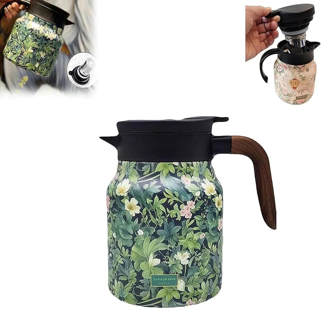 Vintage Floral Pattern Tea, 316 Stainless Steel, Vintage Floral Pattern Tea-Built-In Infuser, Stainless Steel Thermal Carafe with Lid for Hot Drinks(Wooden Handle, Green-1000ml)