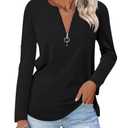 Women's Long Sleeve Shirts Zipper Color Block V Neck Tunic Tops Casual Blouse (XX-Large)