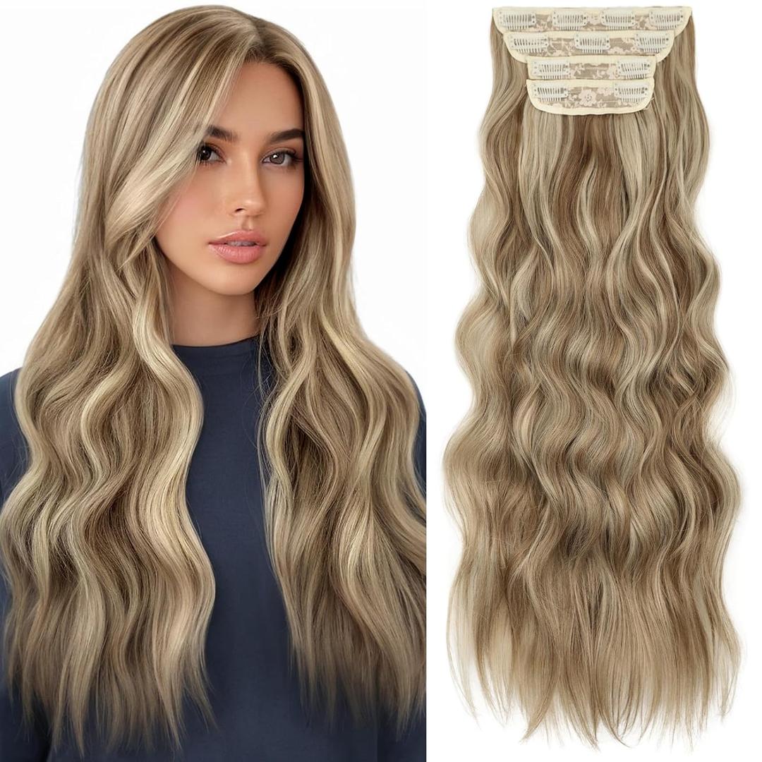 KooKaStyle Clip in Hair Extensions Long Wavy 4PCS Thick Hairpieces Synthetic Ash Blonde Balayage Fiber Double Weft Natural Hair Extensions for Women 24 Inch Daily Use