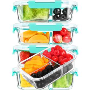 M MCIRCO [5Pack, 36 oz] Glass Meal Prep Containers 3 Compartment with Lids, Glass Lunch Containers,Food Prep Lunch Box,Bento Box,Microwave, Oven, Freezer, Dishwasher (4.5 Cups, Green)