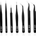 HengTianMei 7Pcs Precision Micro Tweezers Set, Anti-Static Stainless Steel, 3 Sharp Pointed Tweezers, 2 Curved Tweezer, 2 Serrated Tweezer for Eyelash Extensions, Craft, Jewelry, Soldering,Electronics