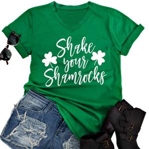 Shake Your Shamrocks Funny St. Patrick's Day Irish T-Shirt Women V-Neck Letter Print Cute Shamrock Shirt Tee Tops Size L (Green) (Green, L)
