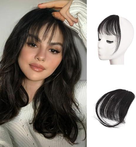 BARSDAR Real Human Hair Clip in Bangs - 100% Human Hair Clip in Bangs for Women - Natural Black Wispy Bangs Extensions Fringe with Temples Real Hair Bangs Hairpieces - Natural Black